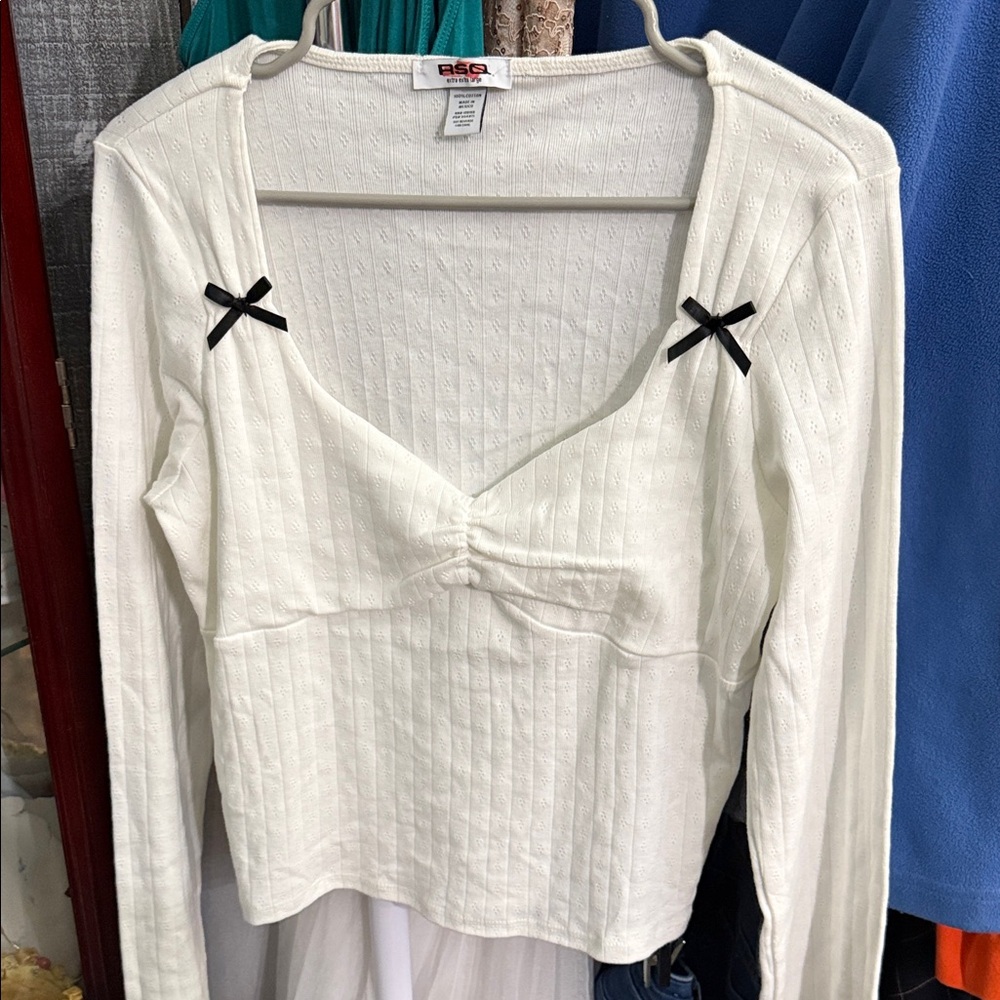 RSQ Ivory Long Sleeve Top with Black Bow Details